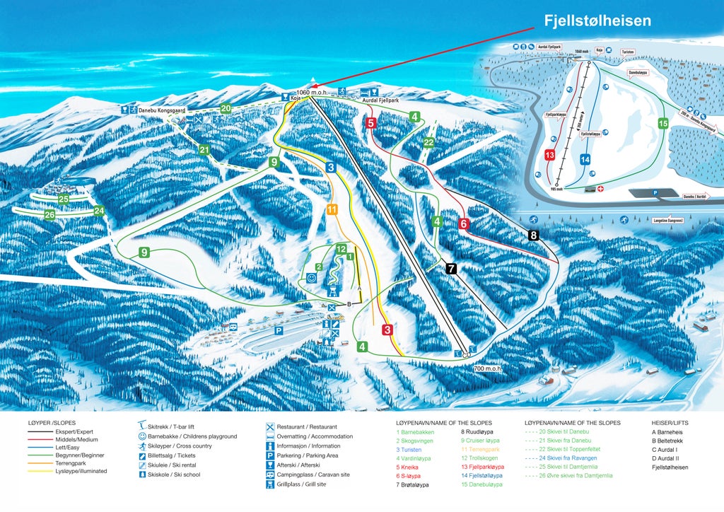 Løypekartet for Valdres Alpinsenter med bakker og heiser